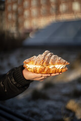 Semla croissant with puff laminated flaky pastry dough and whipped cream and almond paste filling. yummy fastelavnsboller typical carnival scandinavian dessert, danish pastry february