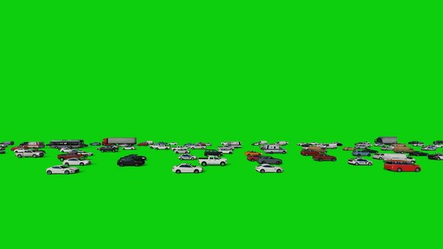 Heavy Traffic Of 3D Cars, Side View 4K, Green Screen Chromakey