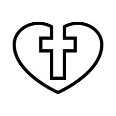 Amor cristiano. Logotipo con cruz en corazón con lineas en color negro