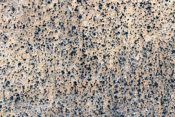 Small spots of black paint on a beige floor wall as a background, texture, pattern.