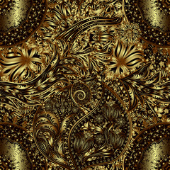 Vintage floral motif ethnic seamless background. Abstract lace pattern. Gold gradient elements.