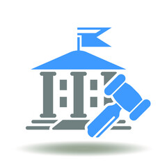 Building government with flag and gavel vector icon. Sanction symbol. Sanctions trade law sign. Administration illustration. Courthouse logo.