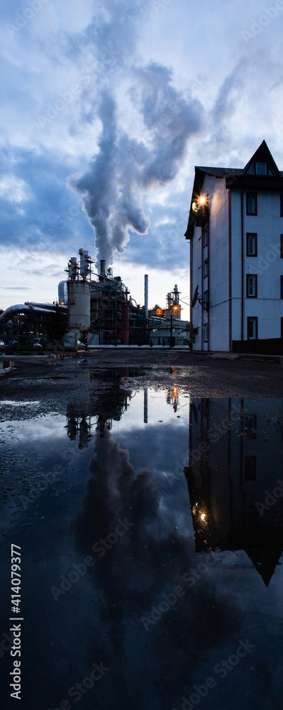 Wall mural smoke coming out of factory chimney industry and global warming