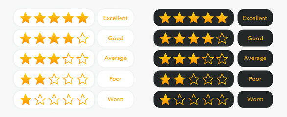 Five stars customer rating icons. Set of white and black badges for website and apps. 5 golden rating star on dark background.