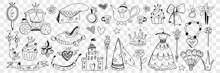 Princess clothes and lifestyle attributes doodle set. Collection of hand drawn castle dress crown cupcake mirror jewellery shield bag teapot bow and decorations isolated on transparent background