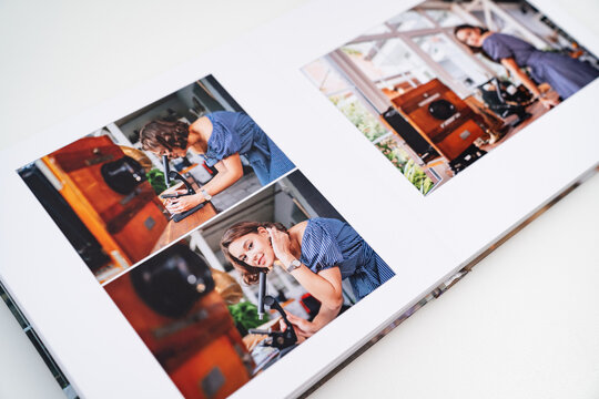 pages of photobook from photo shoots of woman with a microscope in retro house.