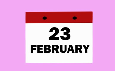 February 23 on a white calendar on a soft pink background. Illustration of the calendar for February.