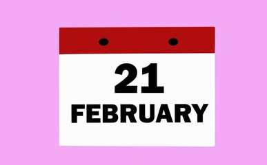 February 21 on a white calendar on a soft pink background. Illustration of the calendar for February.