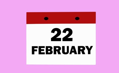 February 22 on a white calendar on a soft pink background. Illustration of the calendar for February.