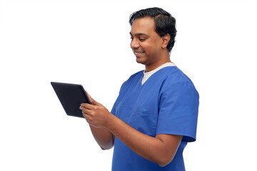 medicine, healthcare and technology concept - happy smiling indian doctor or male nurse in blue uniform using tablet pc computer over white background