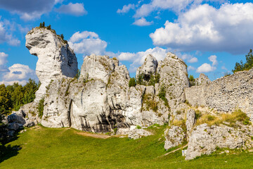 Limestone rocks surrounding medieval Ogrodzieniec Castle, part of Eagles&rsquo; Nests Trail at Cracow-Czestochowa upland in Podzamcze of Silesia region of Poland