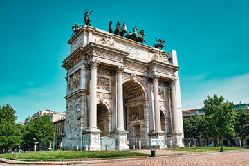 Fototapeta na wymiar Porta Sempione is a city gate of Milan. The gate is marked by a landmark triumphal arch called Arco della Pace , Arch of Peace