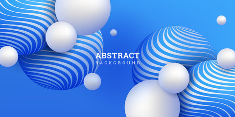 Abstract blue background with striped 3D spheres. Geometric festive banner with white balls. Vector illustration in realistic style. Horizontal backdrop. Modern design poster, flyer, wallpaper. Stock.