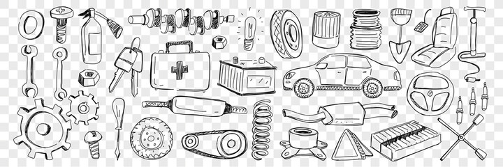 Tools for car repairing doodle set. Collection of hand drawn cars keys shovel screwdriver engine kit wheel nut pump steering wheel exhaust pipe isolated on transparent background