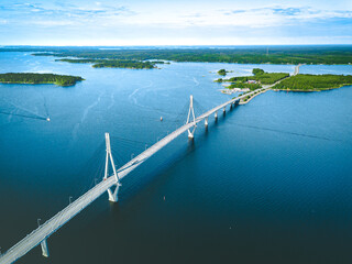 Aerial view of cable-stayed Replot Bridge, suspension bridge in Finland