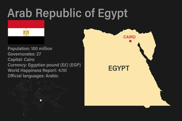 Highly detailed Egypt map with flag, capital and small map of the world