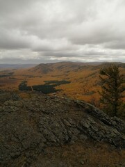Mountain gorge in autumn. Rocks, mountains, orange trees.