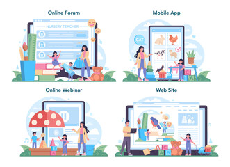 Nursery teacher online service or platform set. Professional nany and children