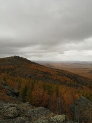 Mountain gorge in autumn. Rocks, mountains, orange trees.