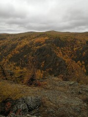 Mountain gorge in autumn. Rocks, mountains, orange trees.