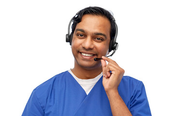 medicine, profession and healthcare concept - happy smiling indian doctor or male nurse with headset over white background