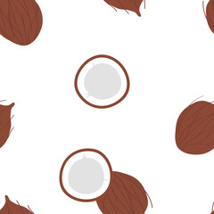 Fototapeta premium Sweet whole coconut and cut coconut tropical summer exotic fruit brown white pattern. Seamless vector.