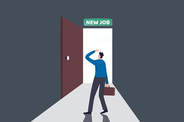 New job challenge, make decision for new opportunity in work or career development concept, businessman thinking and make decision to exit bright future opening door with sign on top as New Job.