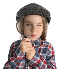 Cute little child in hat with magnifying glass playing detective on white background