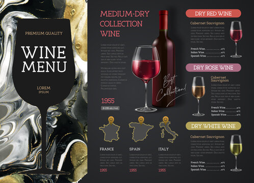 Wine menu design with alcohol ink texture. Marble texture background.