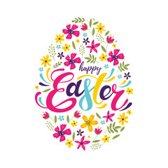 Happy Easter colorful lettering with flowers. Colorful easter egg with flowers.