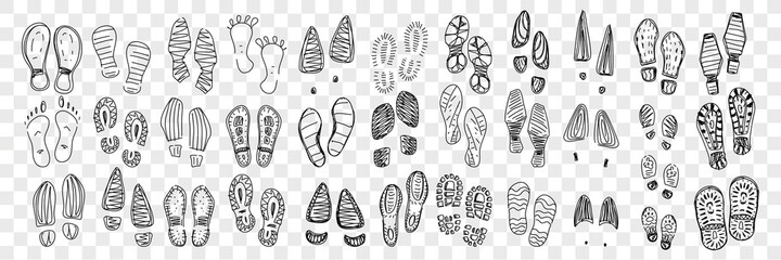 Footprints of boots and foot doodle set. Collection of hand drawn barefoot and boots footprints in rows with various patterns isolated on transparent background © drawlab19