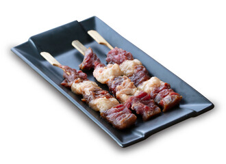 fresh raw meat pork beef sliced on square plate isolated on white background, shabu, hot pot ingredients