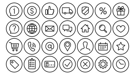 Home, location, globe, user, chat, email, phone, Info, mobile. Buttons E-commerce black isolated vector line icon set. Online shop, website, fulfilment service. Delivery and shipping symbols.