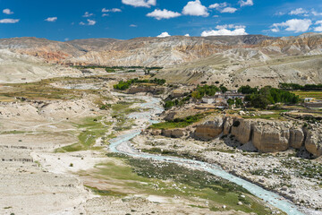 Beautiful landscape of mountains and river in Upper Mustang trekking route in Himalaya mountains range, Nepal