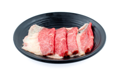 fresh raw pork meat beef sliced on square plate isolated on white background, shabu, hot pot ingredients