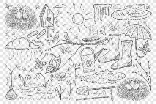Spring and farming doodle set. Collection of hand drawn birdhouse butterflies boots umbrella shovel plants trees paper ships on puddle chicks in nest sun shining isolated on transparent background