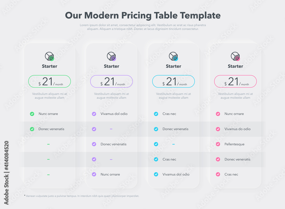 Leinwandbilder simple pricing table layout with four subscription plans. infographic design template for website or