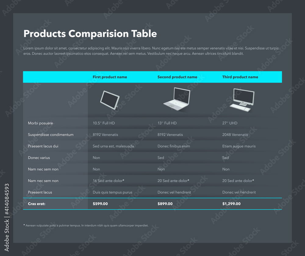 Poster Three products comparison table layout with place for description - dark version. Flat infographic design template for website or presentation.