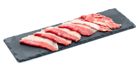 fresh raw pork meat beef sliced on square plate isolated on white background, shabu, hot pot ingredients