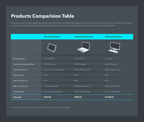 Three products comparison table layout with place for description - dark version. Flat infographic design template for website or presentation.