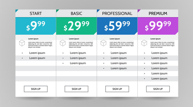 Web pricing table design for business .vector infographics template illustration for website, application.