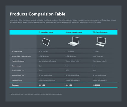 Three products comparison table layout with place for description - dark version. Flat infographic design template for website or presentation.