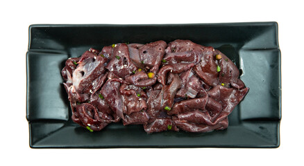 fresh raw offal sliced on square plate isolated on white background, shabu, hot pot ingredients