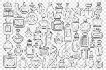 Bottles with perfume doodle set. Collection of hand drawn elegant glass jars and bottles with perfume or cosmetics for beauty of various shapes and sizes isolated on transparent background