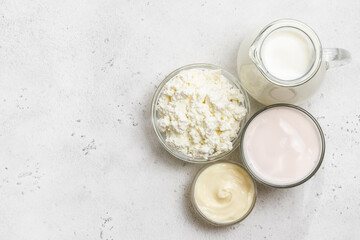 Various dairy products in glass. Top view, flat lay copy space.