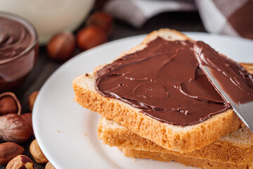 toasts with chocolate butter on a dark wooden rustic background
