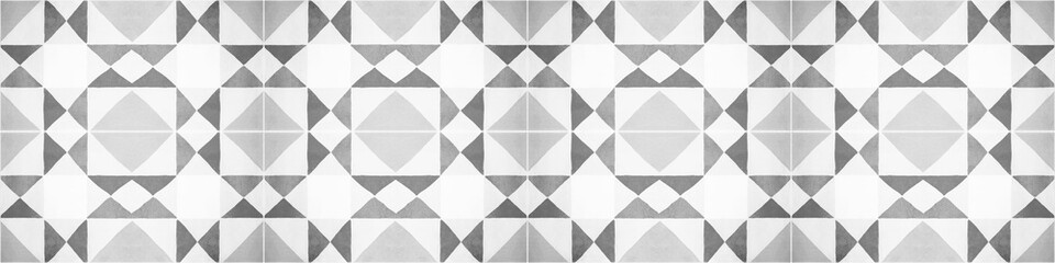 Fototapeta premium Gray white traditional motif tiles texture background banner panorama - Vintage retro cement tile with triangular square rhombus diamond pattern