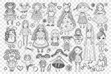 Dolls and toys for girl doodle set. Collection of hand drawn handmade dolls toys in dress with long hair for small girls games play isolated on transparent background