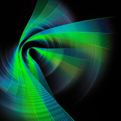 Curved blue-green planes are nested and rotated against a black background. Colorful abstract fractal background. 3d rendering. 3d illustration.