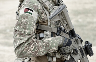 Soldier with assault rifle and flag of Jordan on military uniform. Collage.